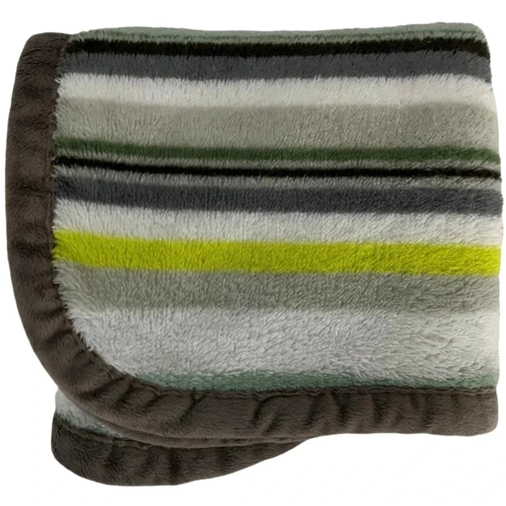 Blankets & Beyond Gray Green Stripe Baby Blanket Soft Fleece htf 26x32‎ Fleece